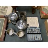 AN OLD HALL STAINLESS STEEL FOUR PIECE TEA SET ETC