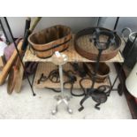 VARIOUS ITEMS TO INCLUDE WROUGHT IRON CANDLE HOLDERS, WOODEN PLANTERS, VINTAGE CRICKET BATS, SIEVE