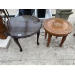 TWO OCCASIONAL TABLES - ONE MAHOGANY ON CABRIOLE SUPPORTS AND ONE CARVED TEAK