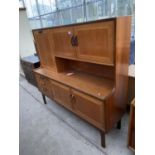 A G PLAN TEAK SIDEBOARD WITH TWO LOWER DOORS AND THREE DRAWERS, UPPER FALL FRONT AND TWO DOORS
