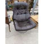 A STRESSLESS STYLE LEATHER ARMCHAIR ON TUBULAR CHROME SWIVEL SUPPORT