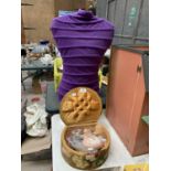 A LADIES DRESS MANIKIN AND A SEWING BOX AND CONTENTS