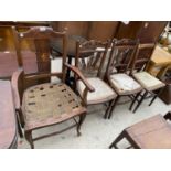 AN INLAID MAHOGANY CARVER ARMCHAIR AND THREE MAHOGANY BEDROOM CHAIRS