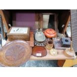 A MIXED GROUP OF ITEMS - CARVED OAK TRAY, DG DESIGN BOX ETC