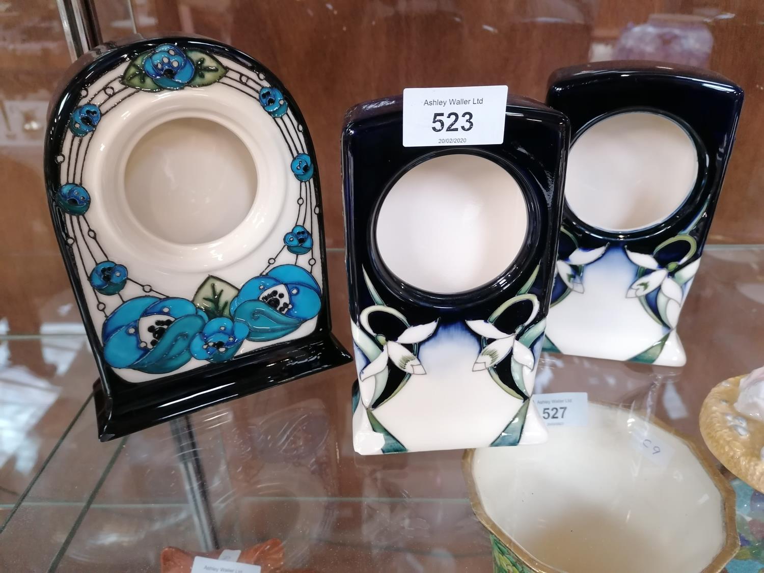 THREE MOORCROFT POTTERY CLOCKS, A/F