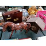 THREE ITEMS TO INCLUDE WOODEN STORAGE BOX, HORSE AND CUCKOO CLOCK