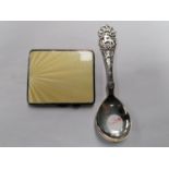 TWO ITEMS - SWEDISH .830 SILVER SPOON WITH HORSE DESIGN FINIAL AND A SILVER PLATED CIGARETTE CASE