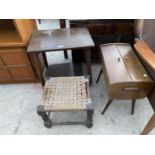 THREE ITEMS - A WOVEN FOOTSTOOL, MAHOGANY TEA TROLLEY AND AN OAK SEWING BOX