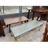 A CONSERVATORY COFFEE TABLE, A COPPER TOPPED COFFEE TABLE AND A MAHOGANY PLANT STAND