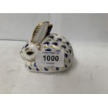 A ROYAL CROWN DERBY CERAMIC RABBIT PAPER WEIGHT WITH GOLD STOPPER