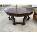 A VICTORIAN CARVED MAHOGANY DEMI LUNE CONSOLE TABLE