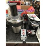 A BOSCH TASSIMO COFFEE MACHINE WITH COATA PODS AND A JUICER BOTH IN WORKING ORDER