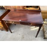 A MAHOGANY HALL TABLE WITH TWO DRAWERS AND SPLASHBACK