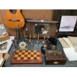 A LARGE GROUP OF ASSORTED ITEMS TO INCLUDE PEWTER CANDLE STICKS, HOOKS, GAME BOARD ETC