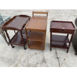 A SMALL MAHOGANY HALL TABLE AND TWO TEA TROLLEYS - ONE TEAK, ONE MAHOGANY