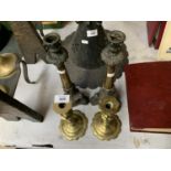 TWO SETS OF CANDLE STICKS, ONE BRASS AND ONE BRONZE