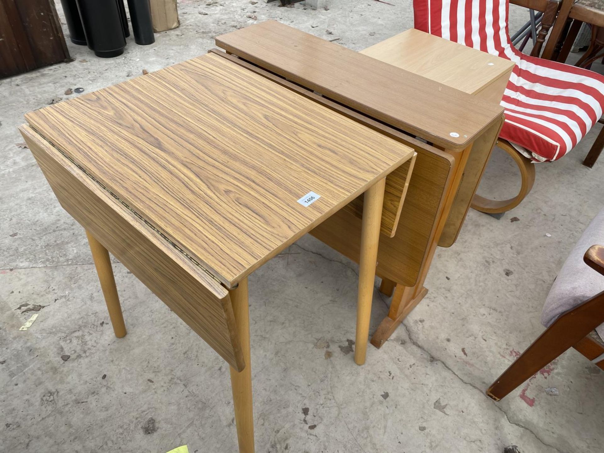 SIX ITEMS - TWO RETRO FORMICA DROP LEAF KITCHEN TABLES, A BEECH EFFECT BEDSIDE CHEST, A BEECH