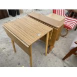 SIX ITEMS - TWO RETRO FORMICA DROP LEAF KITCHEN TABLES, A BEECH EFFECT BEDSIDE CHEST, A BEECH