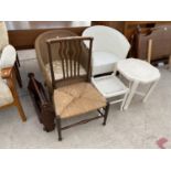 SIX ITEMS - A PINE MAGAZINE RACK., TWO LLOYD LOOM STYLE CHAIRS AND STOOL AN OAK DINING CHAIR WITH