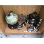 A VINTAGE GLOBE AND EPNS ITEMS TO INCLUDE A FIVE CANDLE CANDLEABRA, TWO CANDLESTICKS, ROSE BOWL ETC