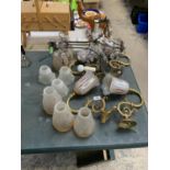 A COLLECTION OF GLASS LAMPS AND VINTAGE LIGHT FITTING
