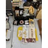 A COLLECTION OF BOXED COSTUME JEWELLERY TOGETHER WITH BUTTONS ETC