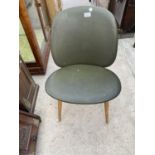 A RETRO BEECH AND LEATHERETTE DINING CHAIR