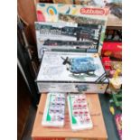 A MIXED GROUP OF ITEMS, INTERNAL COMBUSTION ENGINE, RAIL KING TRAIN SET, SUBBETEO FOOTBALL GAME