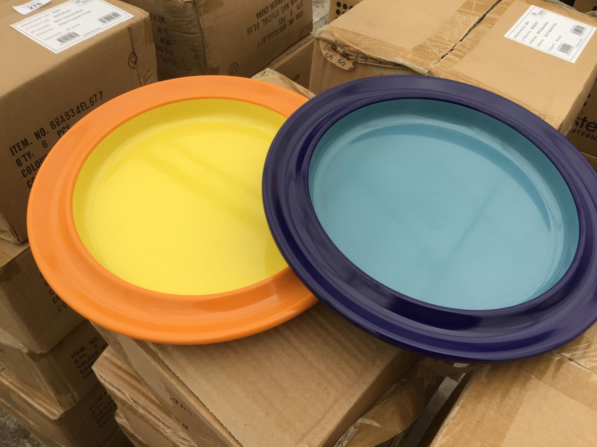 THIRTY SIX MIXED YELLOW AND BLUE NEW AND BOXED HEAVY DUTY PLATES