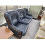 THREE LEATHER AND MAHOGANY ARMCHAIRS AND A STRESSLESS LEATHER FOOTSTOOL