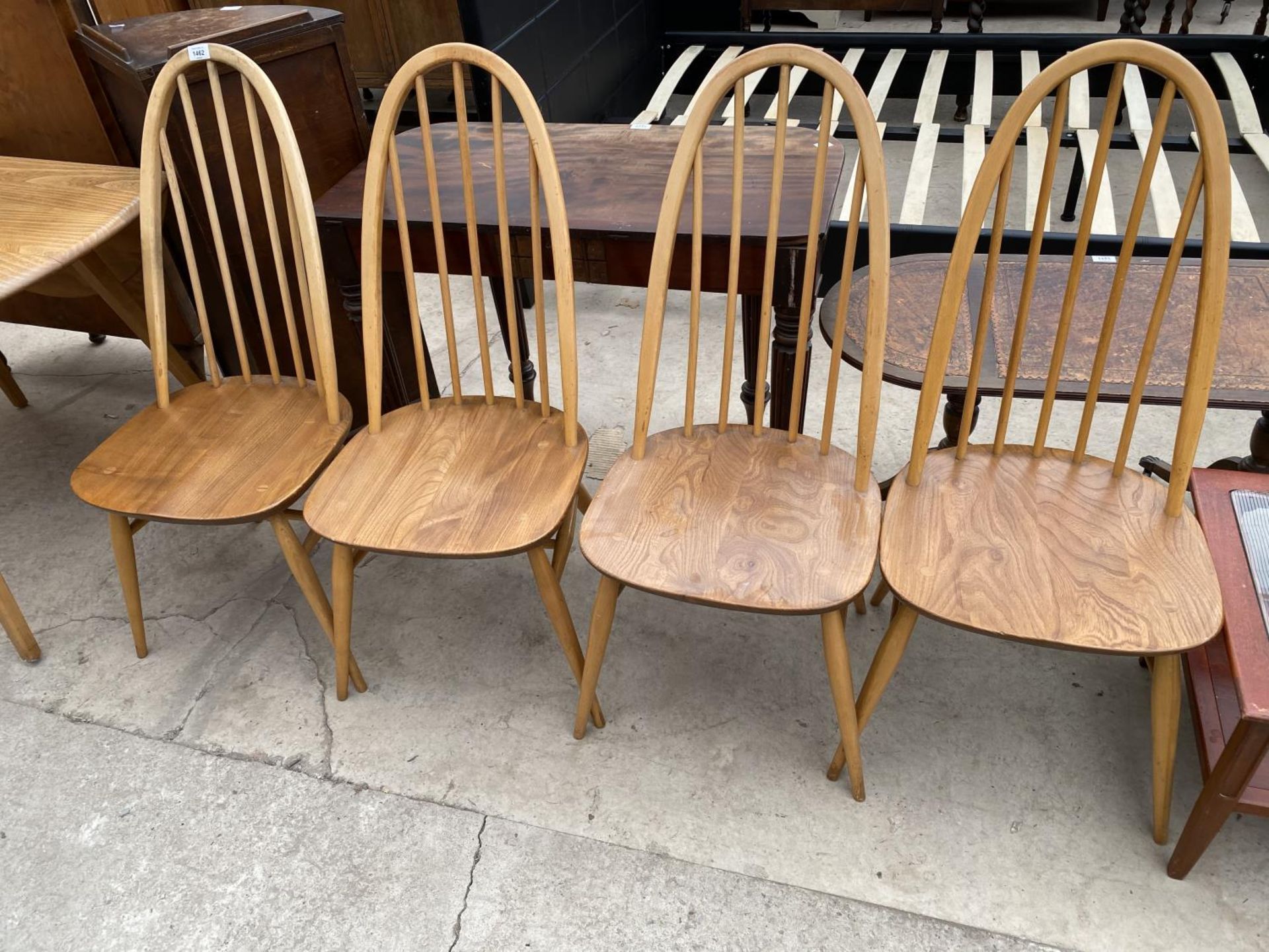 FOUR ERCOL ELM AND BEECH DINING CHAIRS