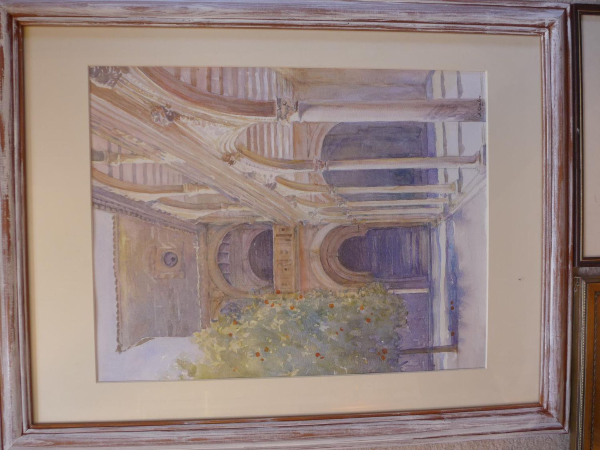 JEAN OXLEY (BRITISH, 20TH CENTURY) WATERCOLOUR OF A CLOISTER, 46 X 36 CM, PLUS THREE FURTHER