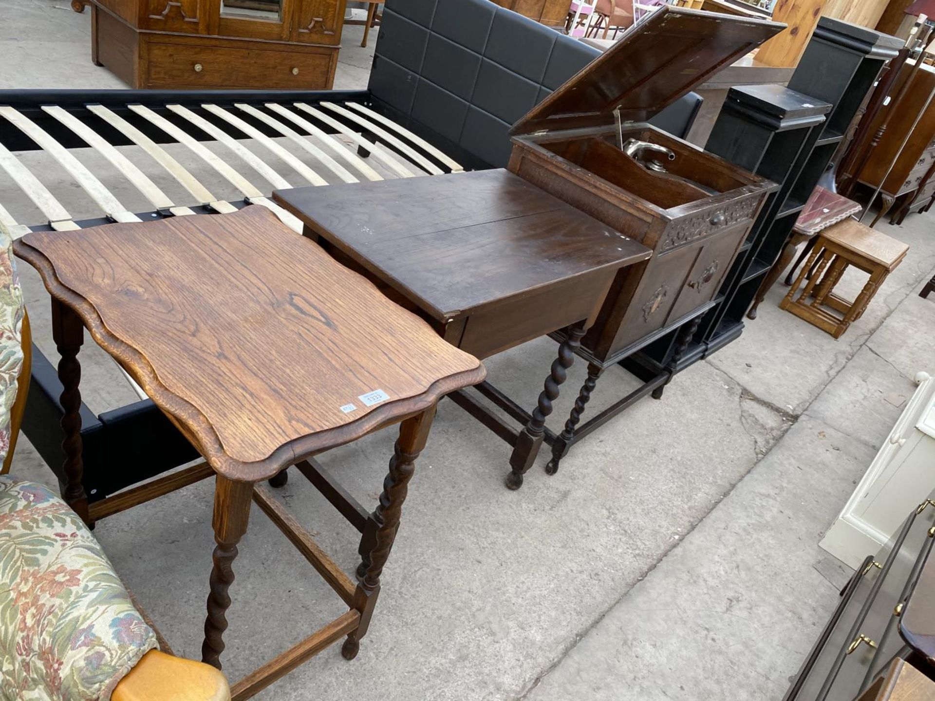 TWO OAK SIDE TABLES ON BARLEY TWIST SUPPORTS AND A VINTAGE OAK GRAMOPHONE CABINET