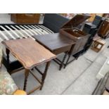 TWO OAK SIDE TABLES ON BARLEY TWIST SUPPORTS AND A VINTAGE OAK GRAMOPHONE CABINET