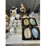 A CERAMIC TEA SET TOGETHER WTIH TWO BOOK ORNAMENTS ETC