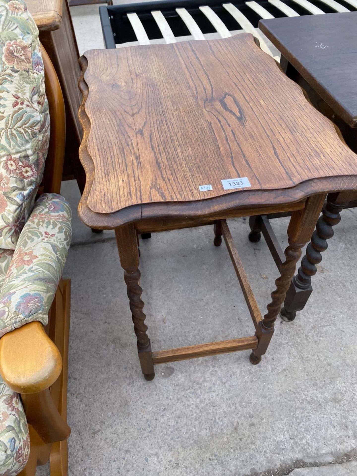 TWO OAK SIDE TABLES ON BARLEY TWIST SUPPORTS AND A VINTAGE OAK GRAMOPHONE CABINET - Image 2 of 10