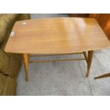 A SMALL RETRO TEAK COFFEE TABLE WITH LOWER DOWELLED SHELF