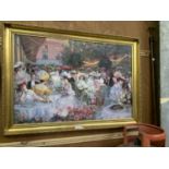 A LARGE DECORATIVE GILT FRAMED PRINT OF A DINING SCENE