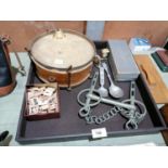 A MIXED COLLECTABLES LOT, VINTAGE DRUM ETC