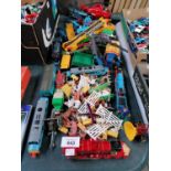 A MIXED LOT OF ASSORTED TOYS, TRAINS, FARMYARD MODELS ETC
