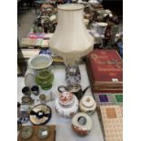 A LAMP TOGETHER WITH GLASS VASE, METAL TEA POT AND THREE GINGER JARS