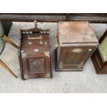 TWO MAHOGANY COAL BOXES WITH BRASS FITTINGS - ONE WITH SHOVEL AND LINER