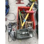 A VINTAGE JERRY CAN, A PRO HAMMER DRILL, PLANER, SPIRIT LEVELS, LAMPS ETC IN WORKING ORDER