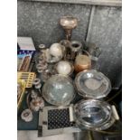A LARGE COLLECTION OF ASSORTED SILVER PLATE TO INCLUDE VASES, BLACKBURN ROVERS PHOTO FRAMES,