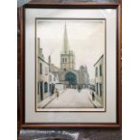 L.S LOWRY - A PENCIL SIGNED LIMITED EDITION 323 OF 850 PRINT - 'BURFORD CHURCH', SIGNED TO THE LOWER