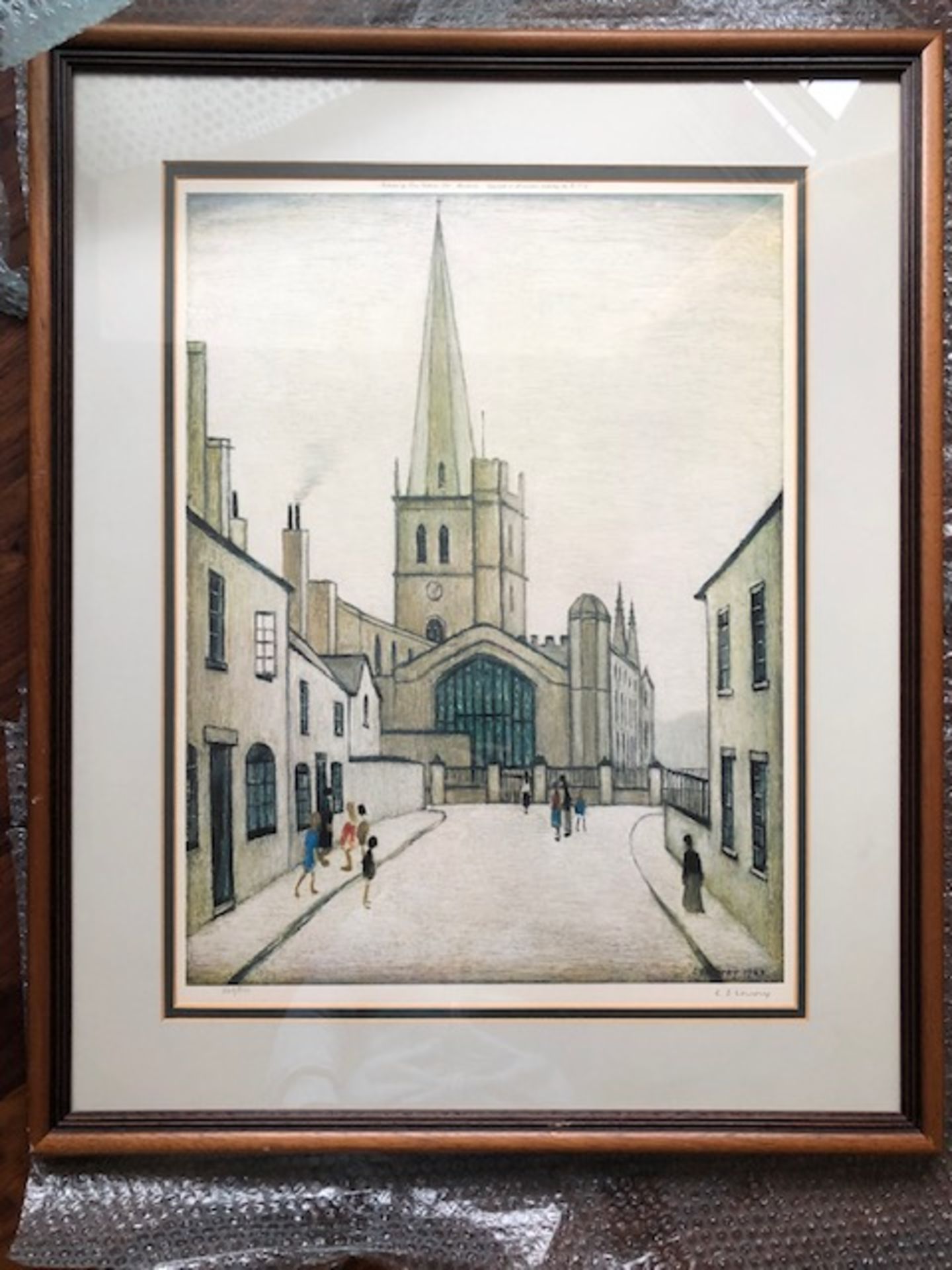 L.S LOWRY - A PENCIL SIGNED LIMITED EDITION 323 OF 850 PRINT - 'BURFORD CHURCH', SIGNED TO THE LOWER