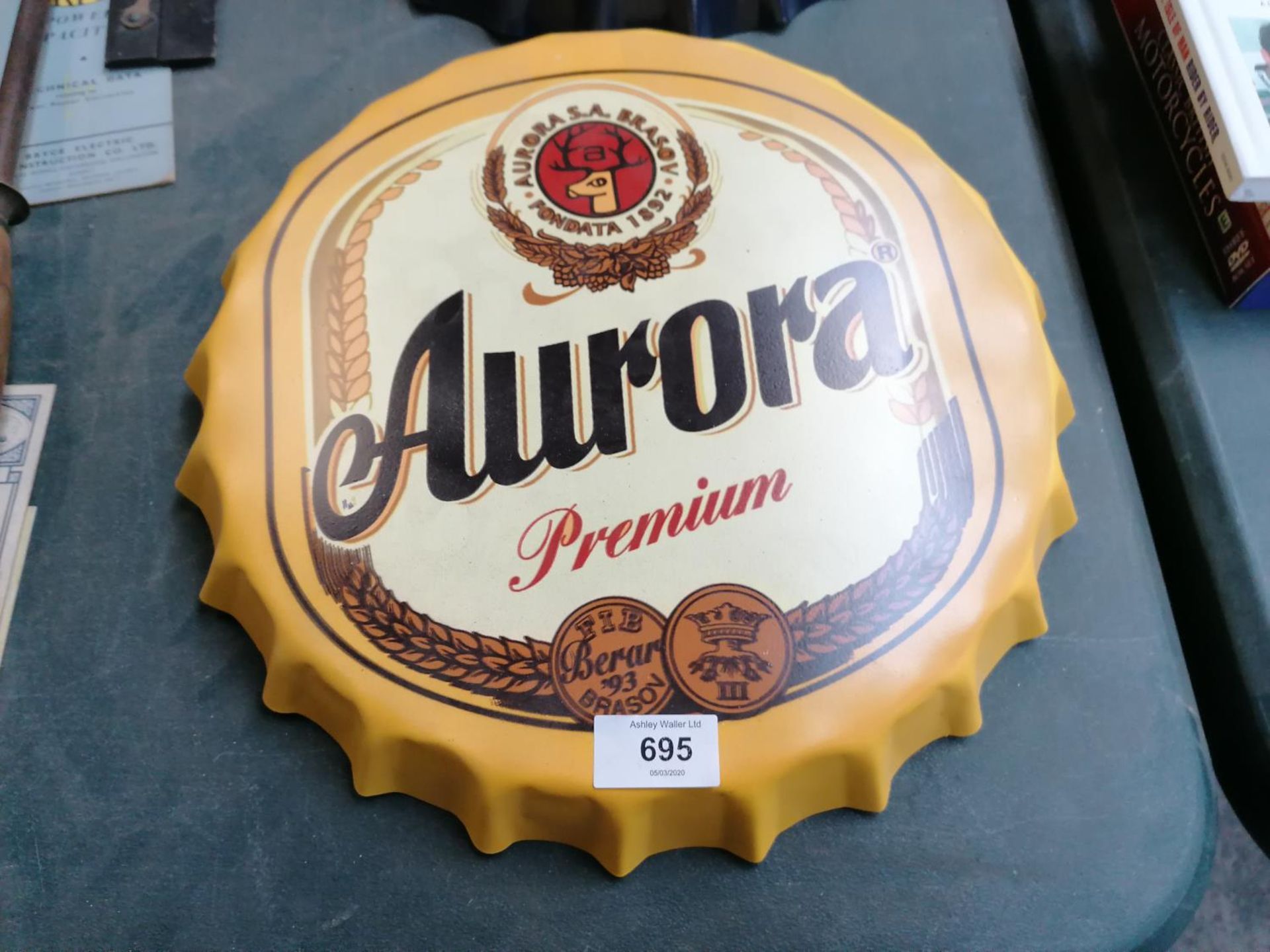 A 'AURORA' VINTAGE STYLE METAL BOTTLE CAP SIGN