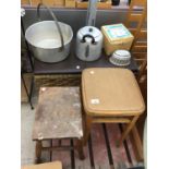 VARIOUS VINTAGE ITEMS TO INCLUDE A WICKER CHEST, A JAM PAN AND TEAPOT AND TWO STOOLS ETC