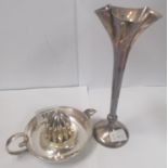 TWO ITEMS - SILVER PLATED LEMON SQUEEZER AND A HALLMARKED SILVER BUD VASE, (WEIGHTED BASE)