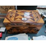 A VINTAGE MARQUETRY DESIGN WOODEN JEWELLERY BOX